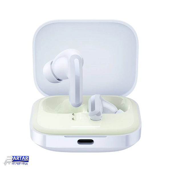 هدفون بلوتوثی شیائومی مدل Redmi Buds 5 با نویز کنسلینگ فعال (ANC)، درگاه شارژ USB Type-C، دارای نشانگر روی محفظه شارژ